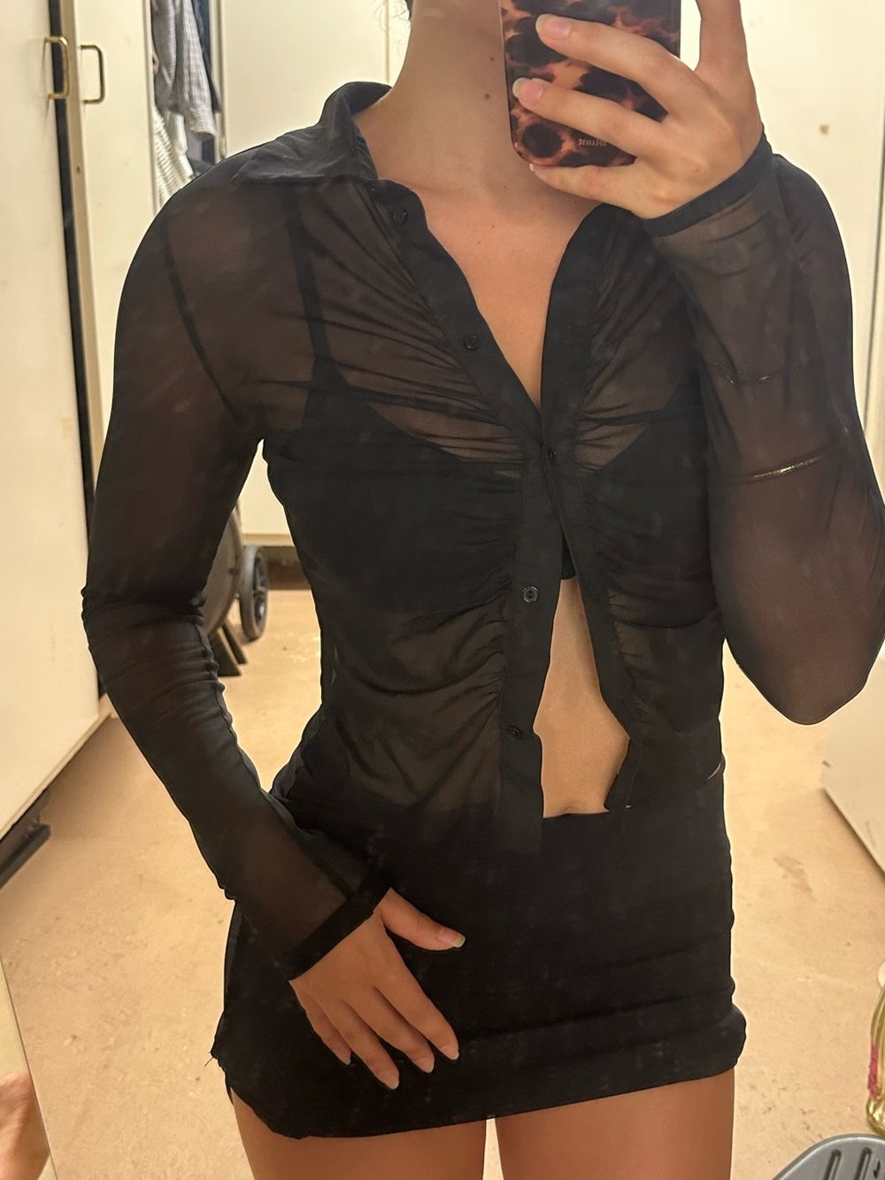 Topshop Black Sheer Ruched Button-Front Long Sleeve Shirt